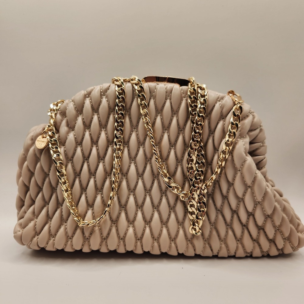 New Olga Berg Zoey Quilted Clutch Bag Vegan Leather Gold Tone Chain Nude Beige B